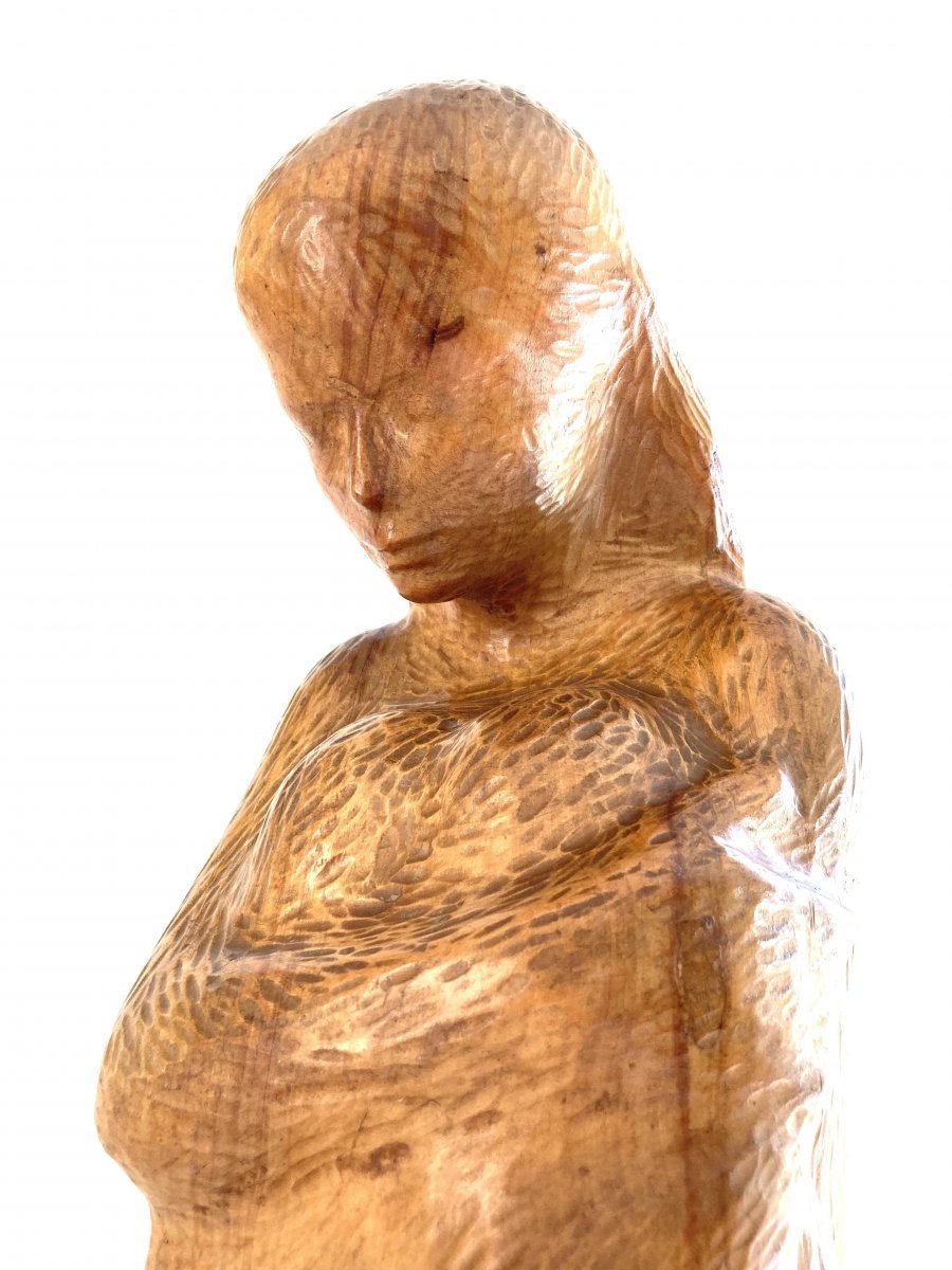 Large Young Woman Sculpture 64 Cm, Solid Wood, By Michel Bonnand-photo-6