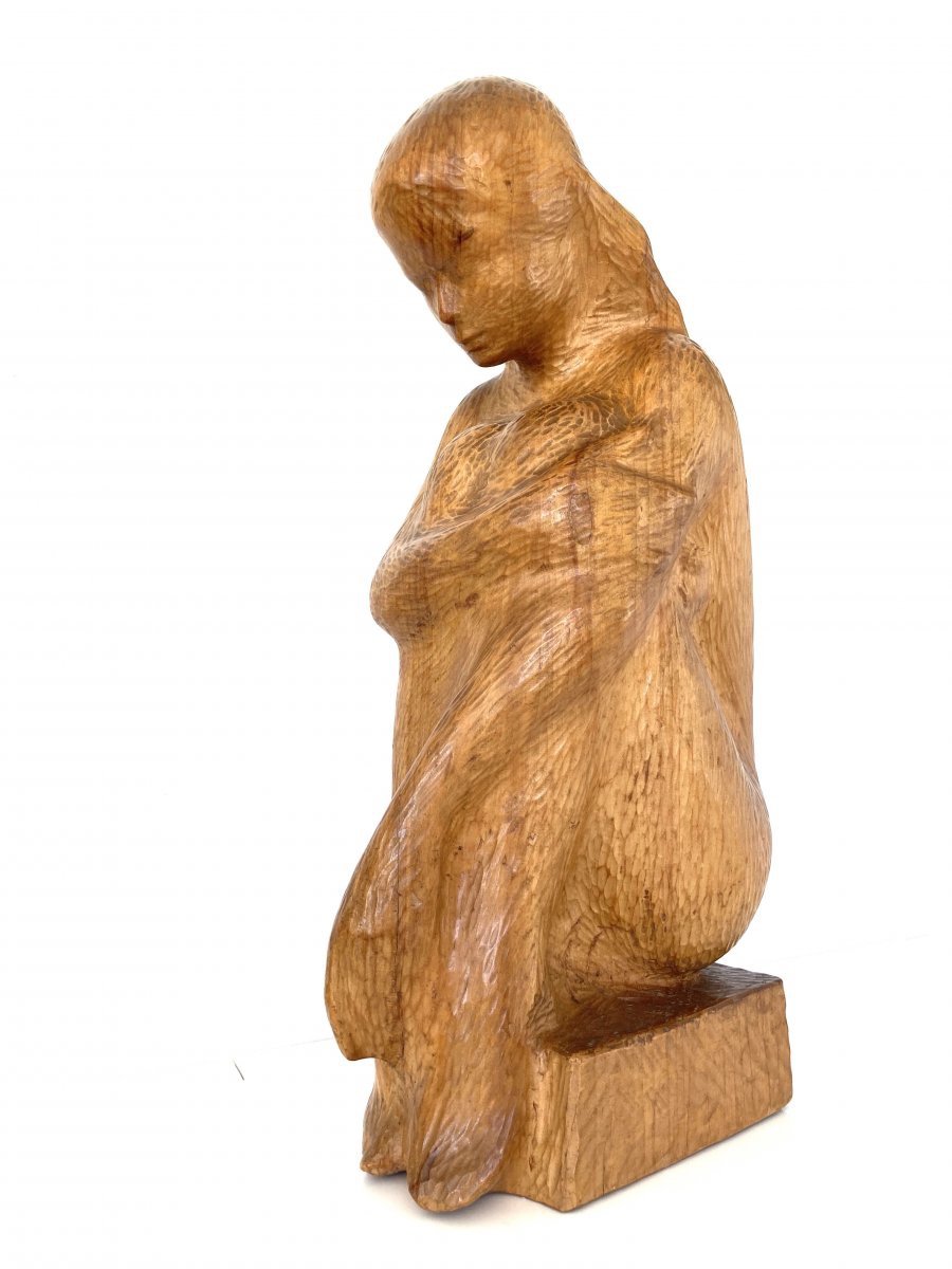 Large Young Woman Sculpture 64 Cm, Solid Wood, By Michel Bonnand
