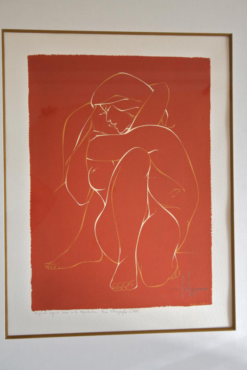 Gouache On Velin, Female Nude, 1975-photo-3