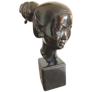 Buste De Femme Vietnamienne, Bronze à Patine Noire - Années 1940-50