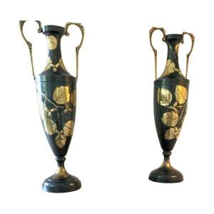 Pair Of Large Amphora-shaped Vases, Art Nouveau Period.