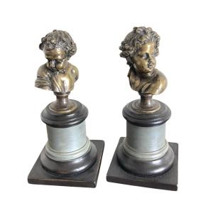Pair Of Busts Of Young Children In Silvered Bronze - 18th