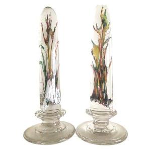 Pair Of Ogival-shaped Columns, Sulfides With Color Inclusions In Crystal Glass.