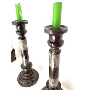 Pair Of Large Two-tone Marble Candlesticks, 19th C.