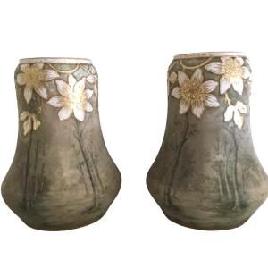 Pair Of Ceramic Vases, Signed Franz Anton Mehlen, Art Nouveau