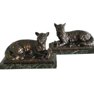Paire de Sujets Animaliers en bronze, 2 renards, Fin 19ème 