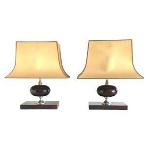 Pair Of Lamps, Resin And Chromed Steel, By Philippe Barbier, Circa 1970