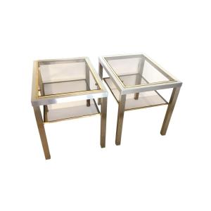 Paire de Tables d'Appoint en Acier Brossé, Verre Fumé par Guy Lefèvre