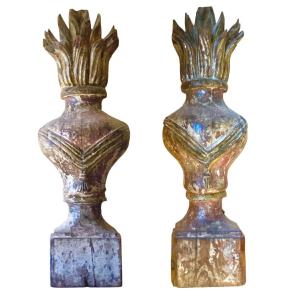 Paire de Grands Pots à Feu, bois polychromé, Début 18ÈME, Régence
