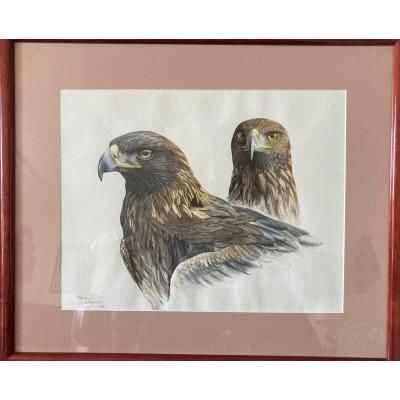 Watercolor With Two Heads Of Eagles Royals Signed Philippe Varnardois