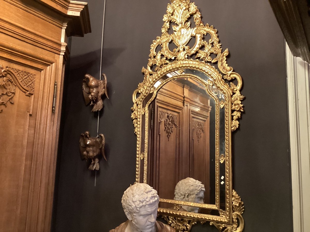 Mirror With Pediment And Beads In Carved And Gilded Wood -photo-4