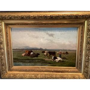 Painting Cow In Pasture With Shepherdess L.robbe