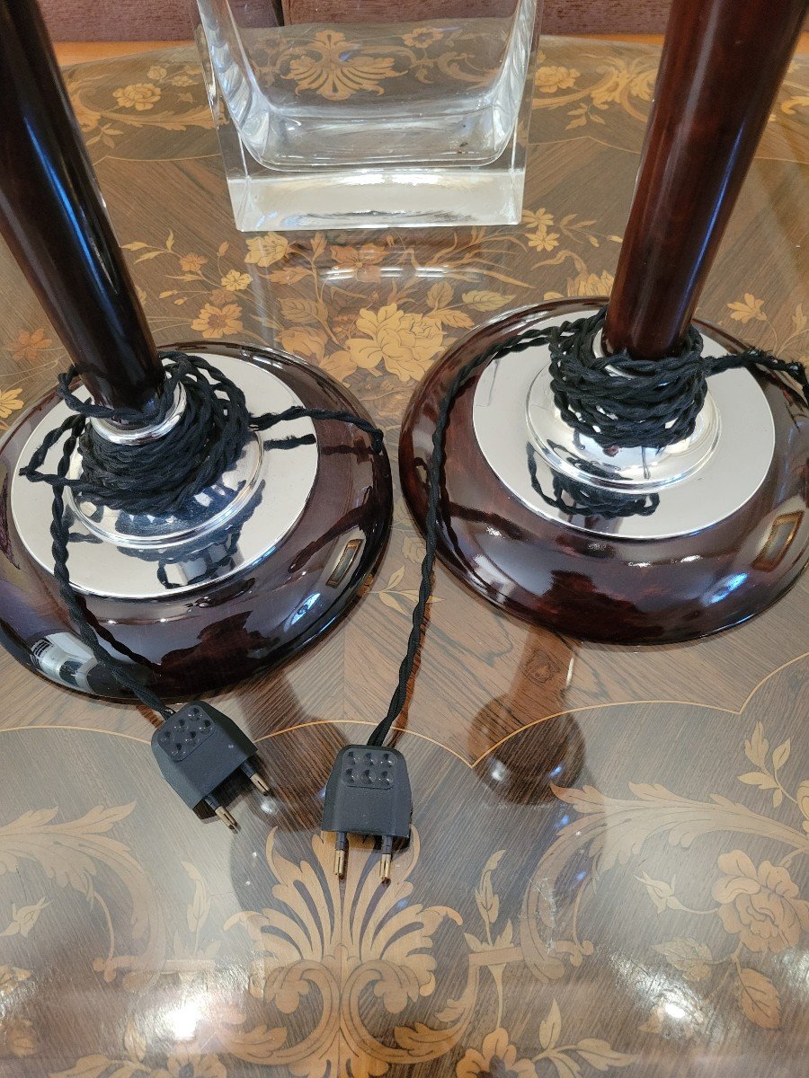 Paire De Lampes Mazda 1930 Chrome Alu Opaline Parfait Etat-photo-1