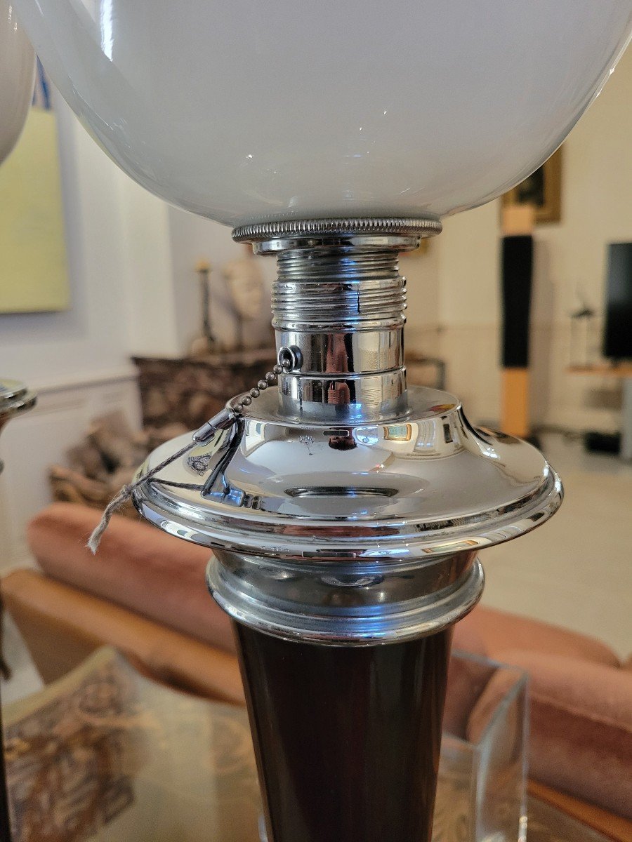 Paire De Lampes Mazda 1930 Chrome Alu Opaline Parfait Etat-photo-6