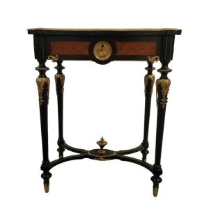 Small Table In Marquetry Of Various Species And Bronze (napoleon III) Fauborgs Parisiens