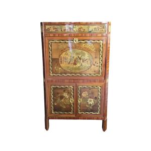 Louis XVI Period Secretary With Landscape And Garden Decors In Exotic Wood Marquetry