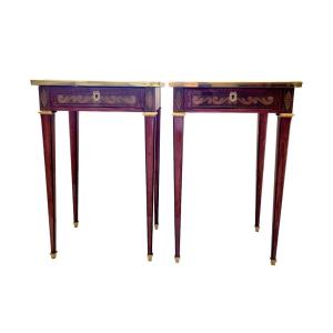 2 Petites Tables En Marquèterie De Bois Nobles Estampillés J.p Dusautoy 