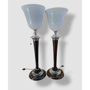 Paire De Lampes Mazda 1930 Chrome Alu Opaline Parfait Etat