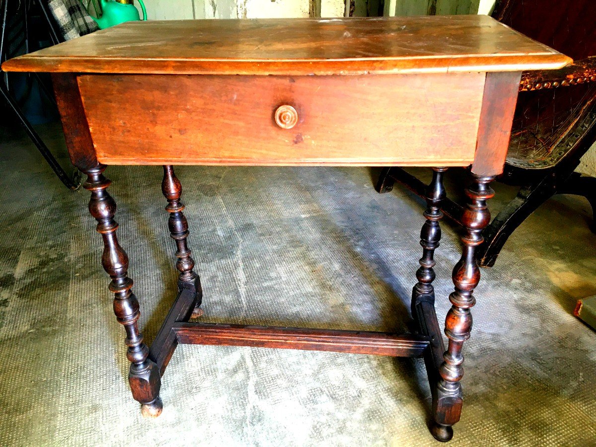 Very Beautiful Small 17th Century Table In Stained Walnut A Drawer Baluster Feet With Spacer
