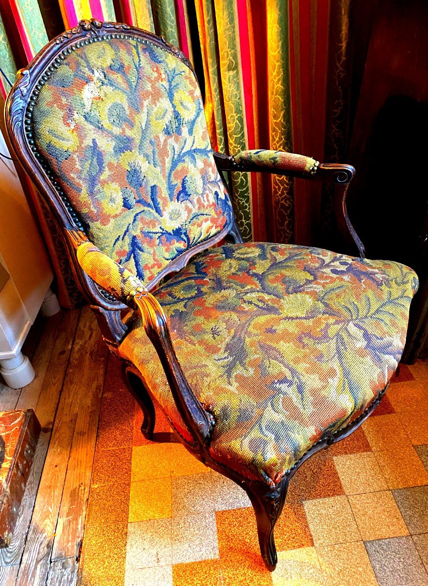 Beau Fauteuil De Salon Dossier à La Reine Hêtre Teinté De Style Louis XV Milieu 19ème  Pt Point-photo-3