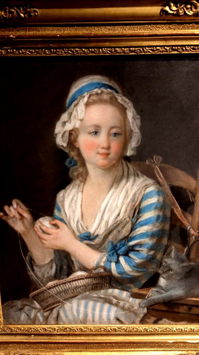Magnifique Pastel  Bien Encadré d'époque XVIIIème "la Jeune Fille à La Pelote De Laine" -photo-4