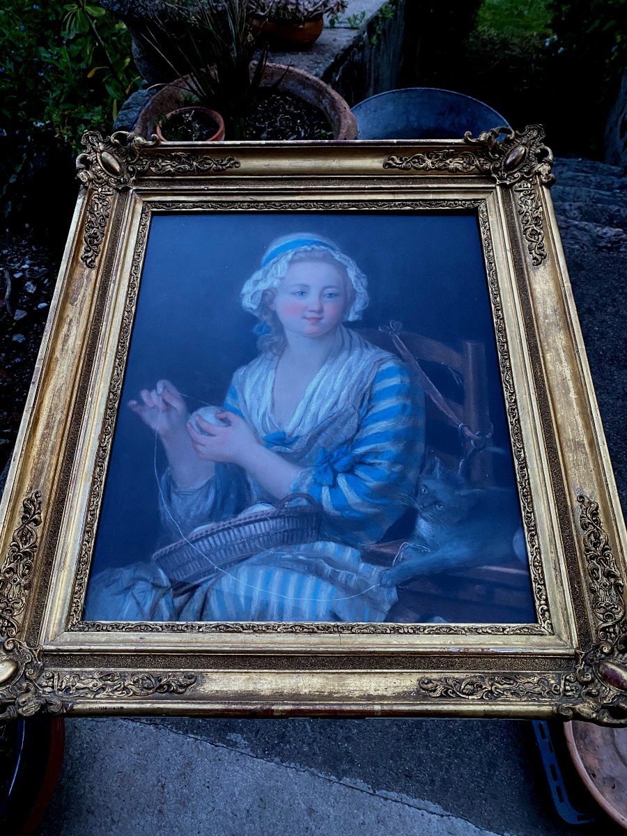 Magnifique Pastel  Bien Encadré d'époque XVIIIème "la Jeune Fille à La Pelote De Laine" -photo-1