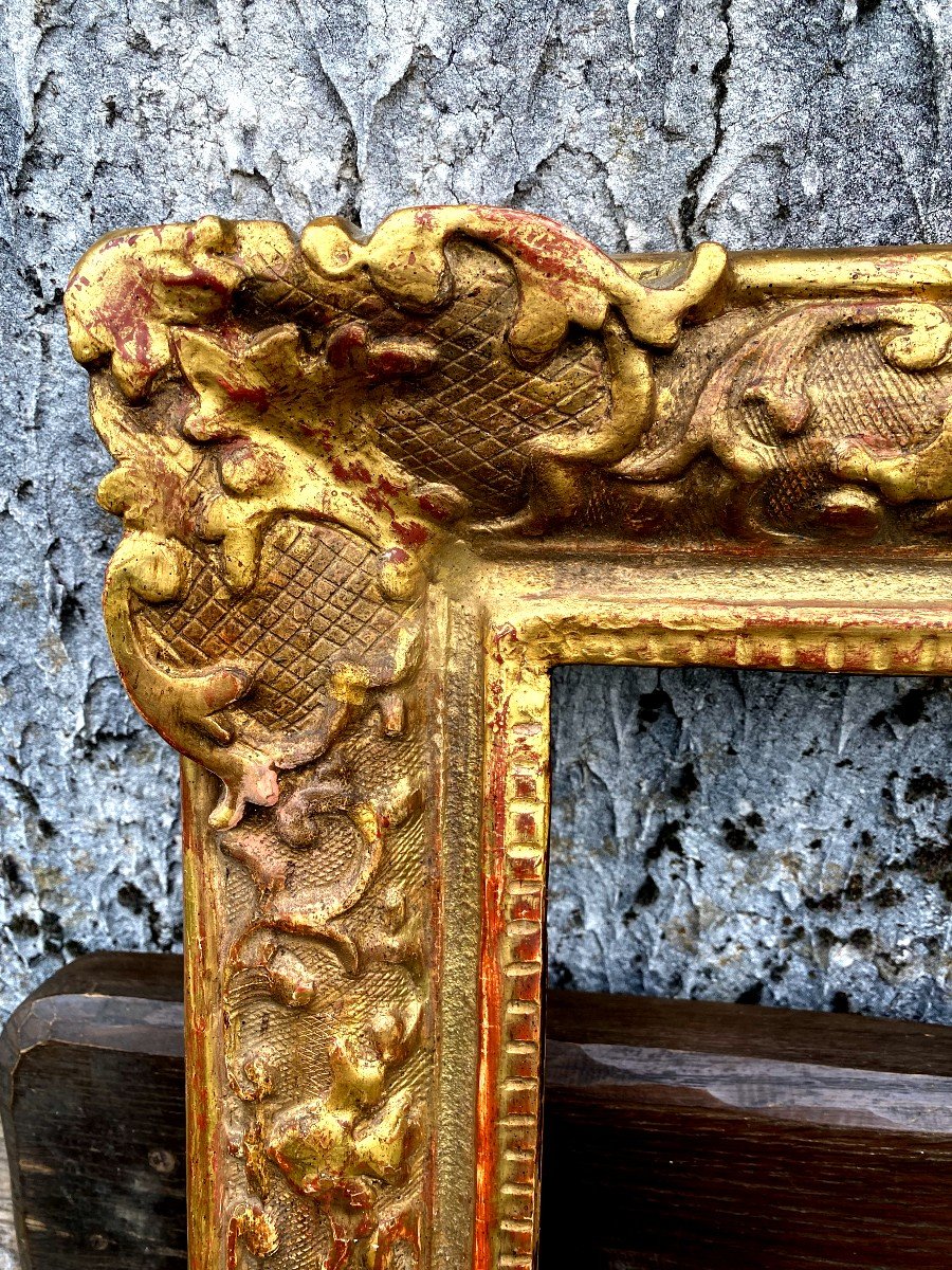 Grand Et Très Beau Cadre à Oreilles Louis XV en chêne Sculpté En Barrette Doré à La Feuille , -photo-2