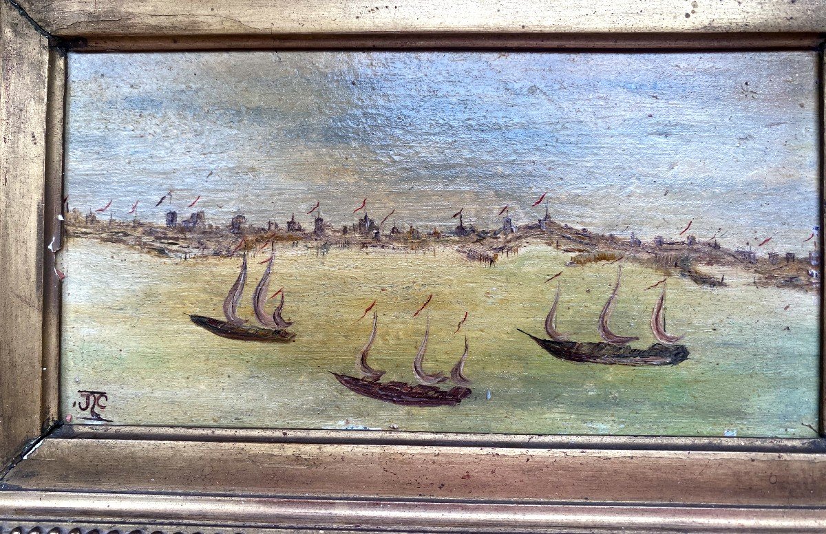 Small Oil S / Wood Framed 19th In The Image Of An Armada Of Vessels Approaching A Coast-photo-3
