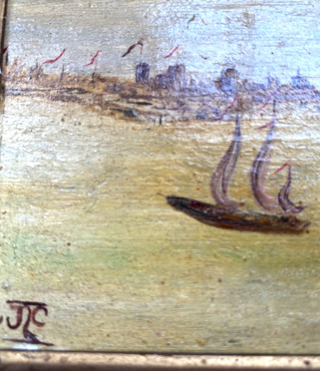 Small Oil S / Wood Framed 19th In The Image Of An Armada Of Vessels Approaching A Coast-photo-1