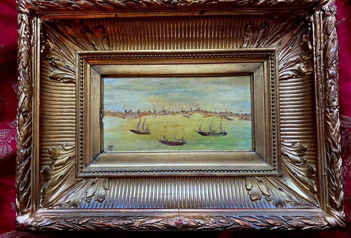 Small Oil S / Wood Framed 19th In The Image Of An Armada Of Vessels Approaching A Coast