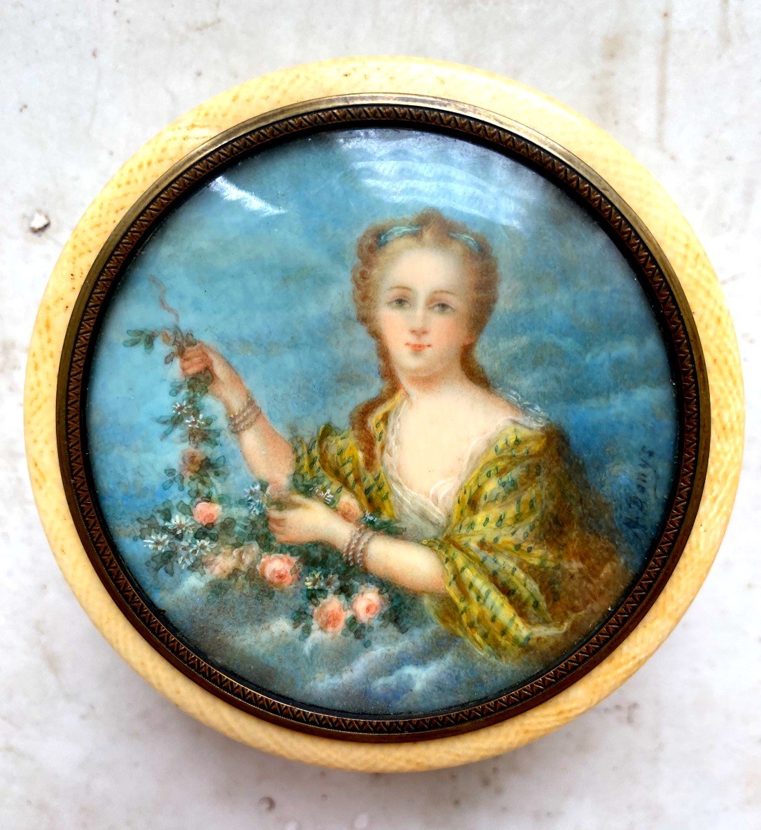 Elégant Poudrier En Ivoire d'époque Louis XVI, Avec Une Belle Miniature d'Une Dame De Qualité "-photo-8