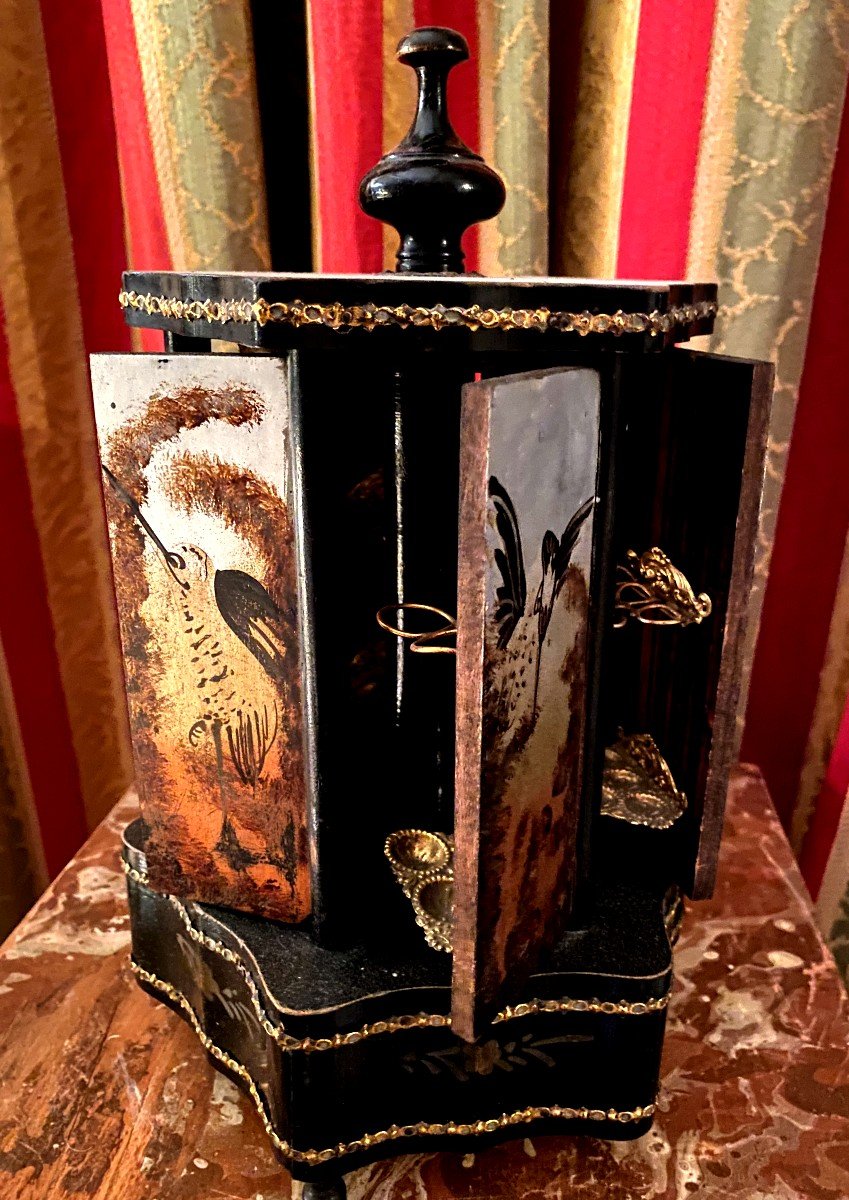 Beautiful "kiosk" Napoleon III Cigar Display Stand Black Lacquered Wood 8 Retractable Doors Musical-photo-3