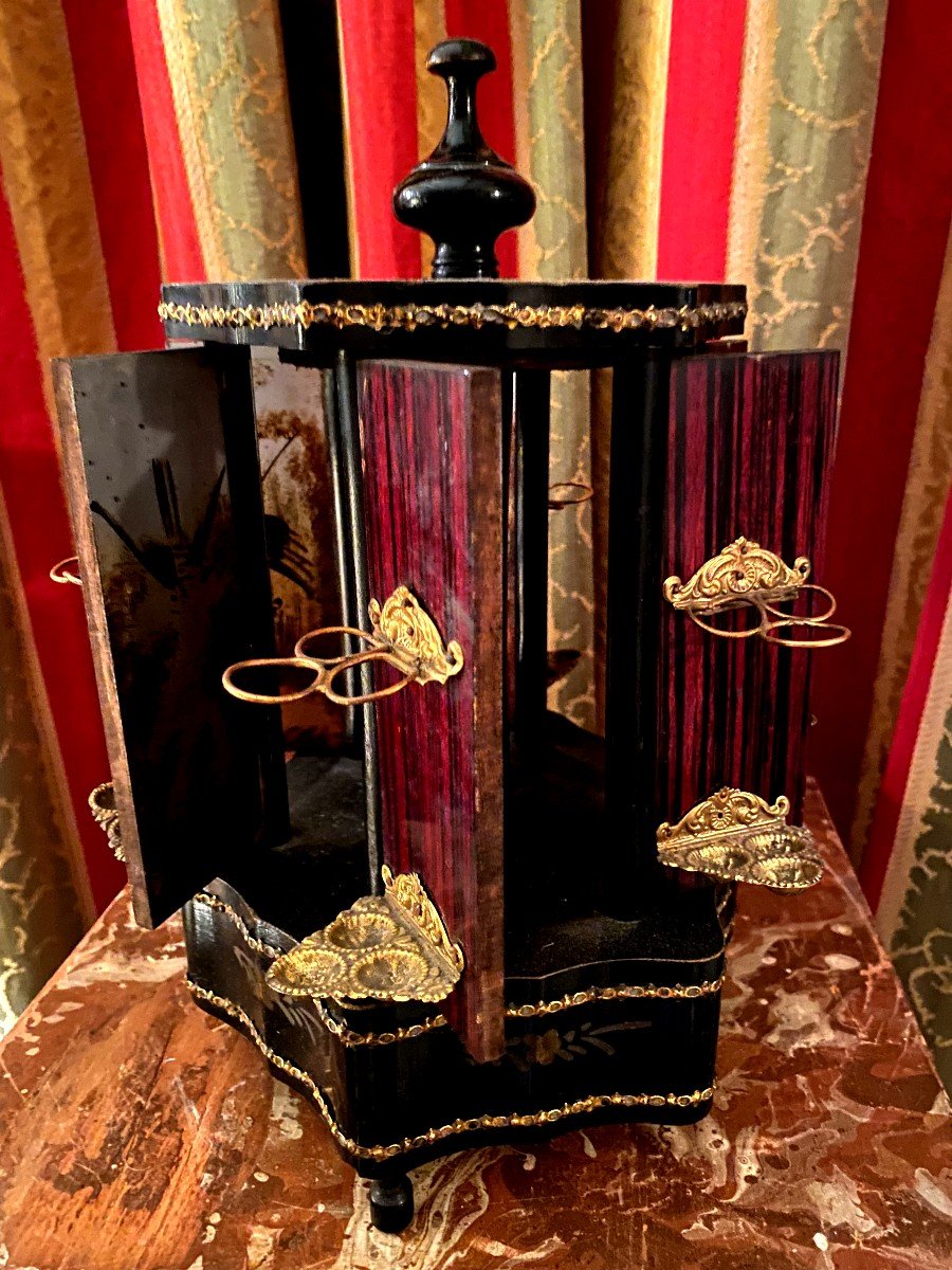 Beautiful "kiosk" Napoleon III Cigar Display Stand Black Lacquered Wood 8 Retractable Doors Musical-photo-4