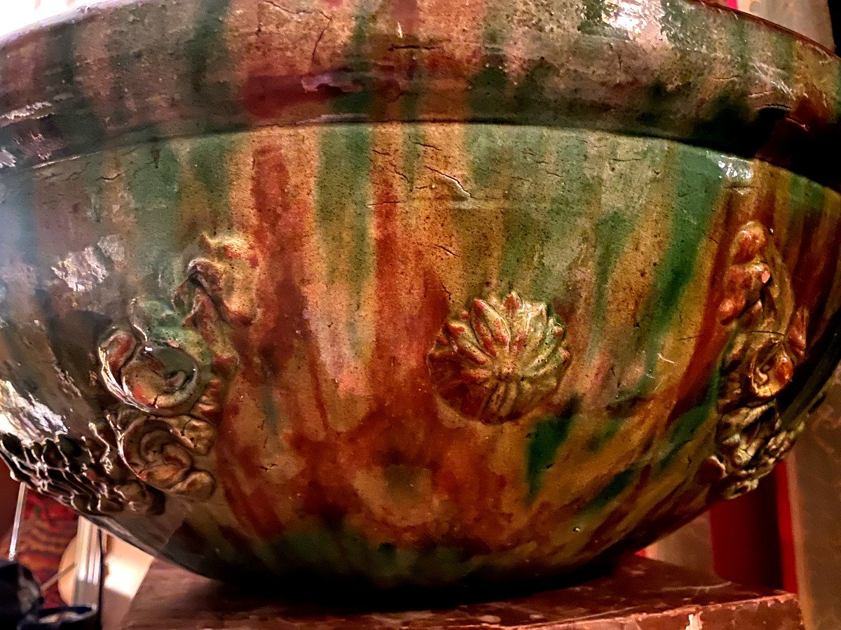 Important Vase In Red Earth Baked With Flared Green Enamel, With Stylized Garlands Pattern-photo-6