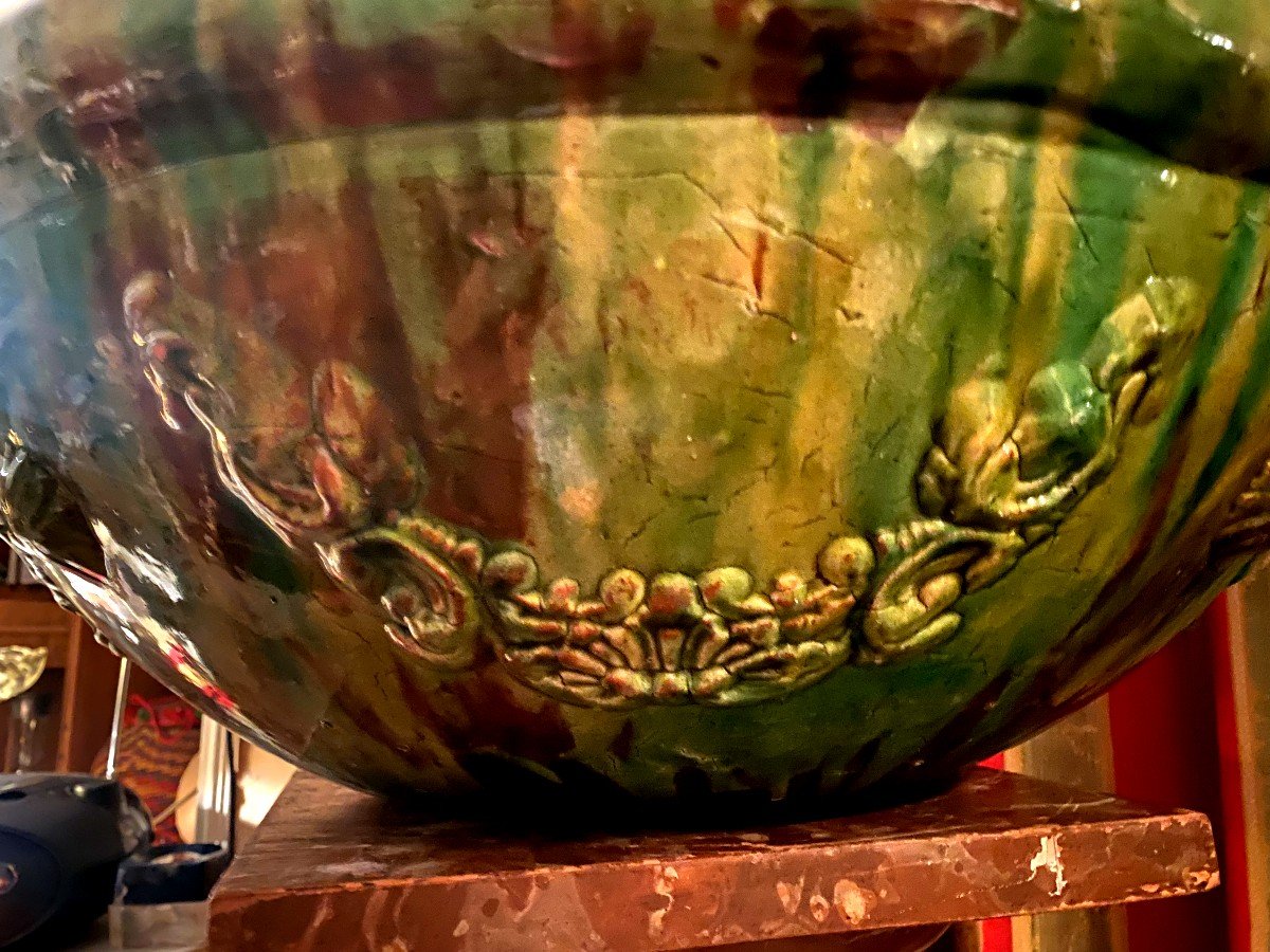 Important Vase In Red Earth Baked With Flared Green Enamel, With Stylized Garlands Pattern-photo-7