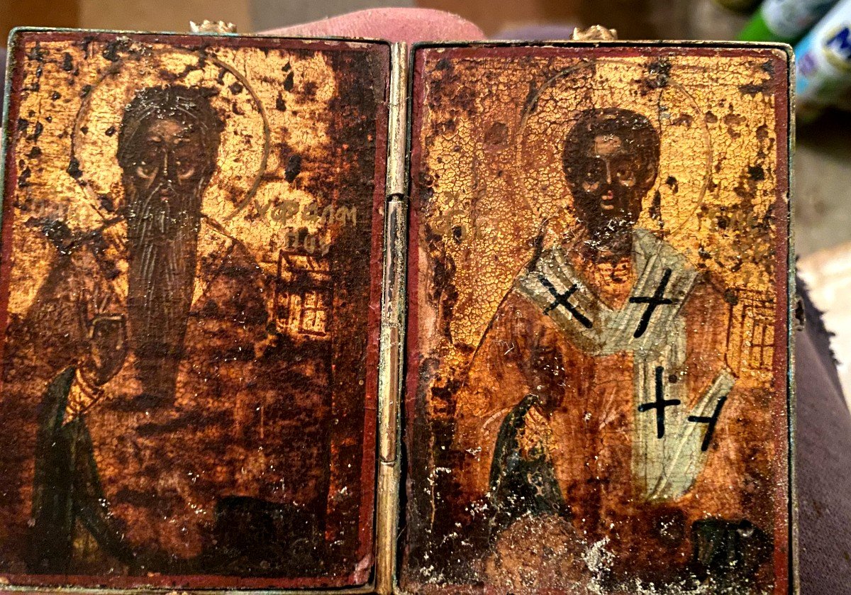   Icône  Diptyque De Voyage très rare, Grec à l'Image Du  Christ Et De Saint-Paul d'époque 17ème-photo-2