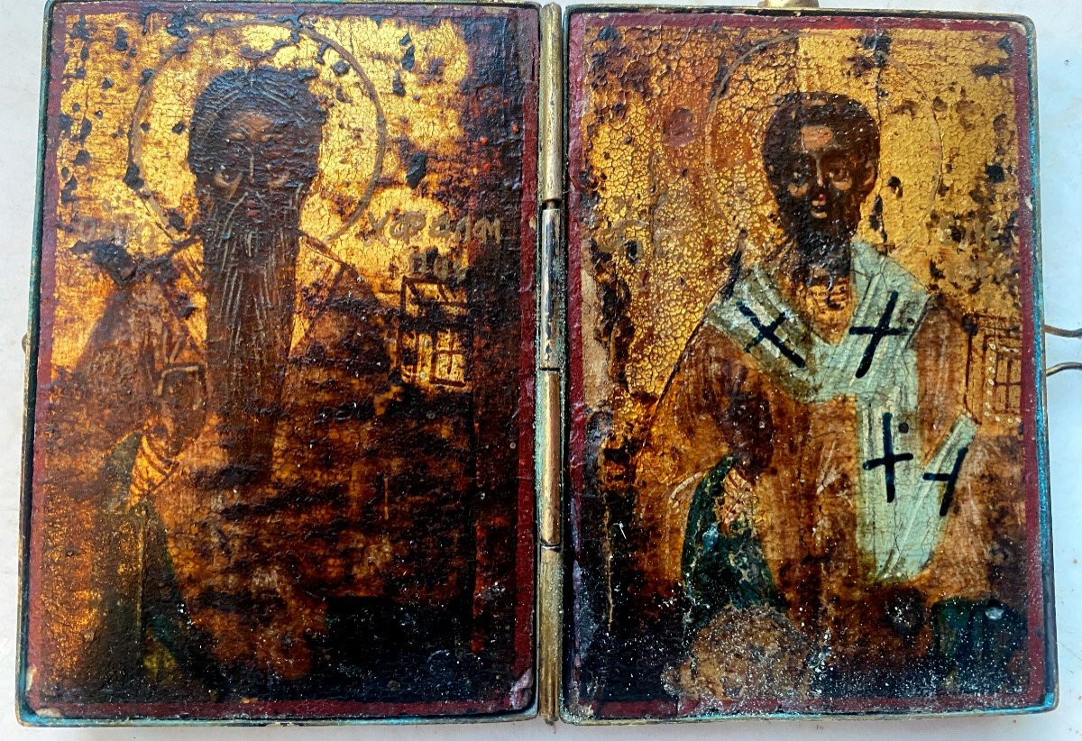 Rare And Beautiful Greek Travel Diptych With The Image Of Christ And Saint-paul From The Early 18th Century