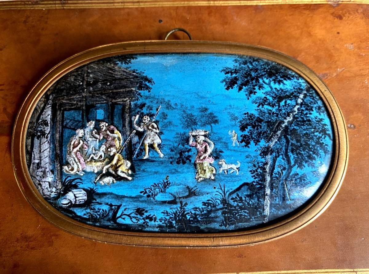 Rare Very Beautiful Nativity In A Generous Medallion Of A Beautiful Oval In Enameled Copper Thick. 18th.