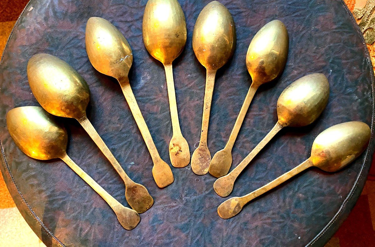  Très Rare Suite De 8 Cuillères à Crème ,en Bronze Poinçonnées, d'époque 18ème, Normandes-photo-3