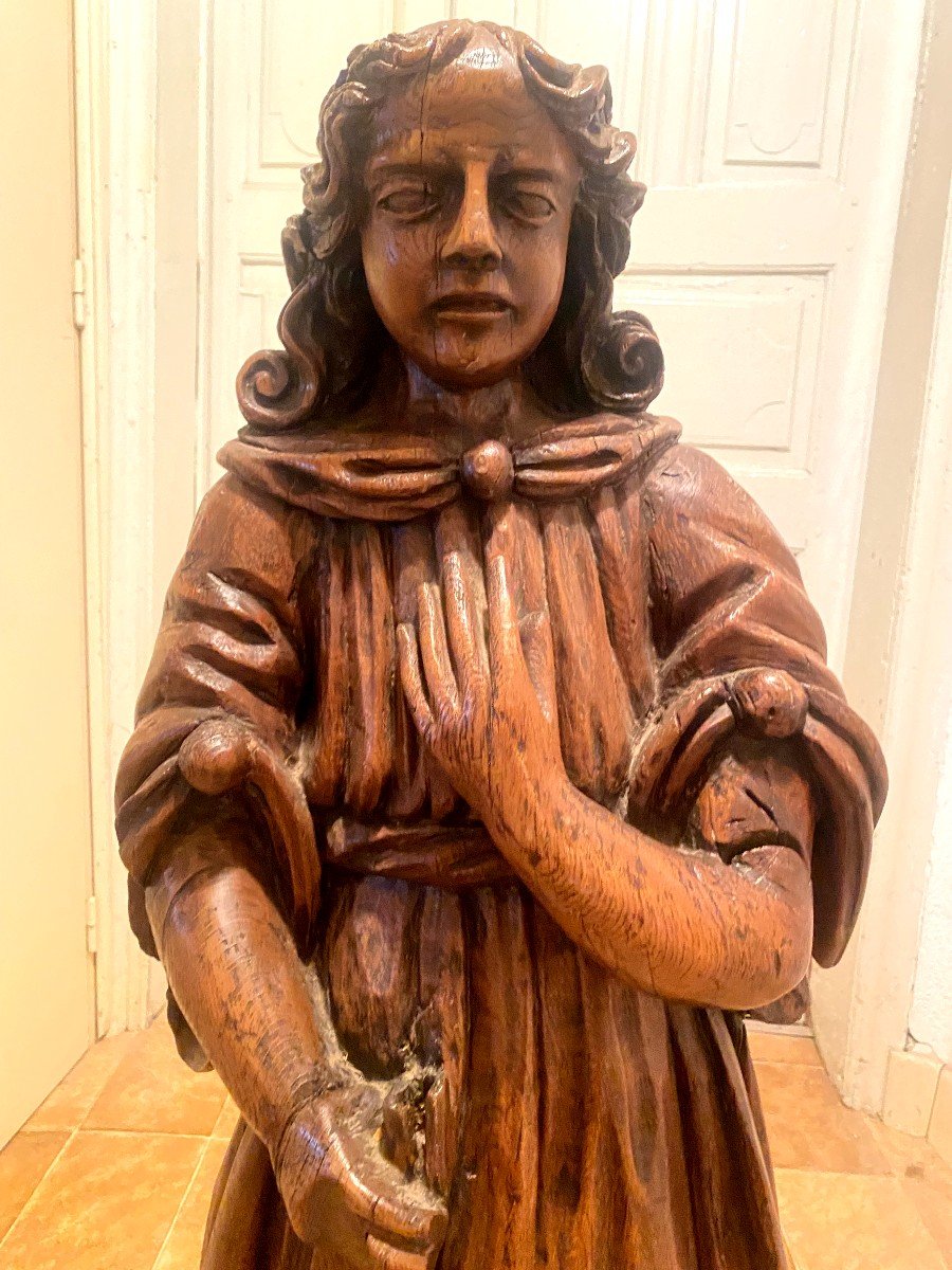 Statue En Chêne : Saint Jean De Grande Taille, 17ème, En Chêne Sculpté Blond Debout En Bon état-photo-2