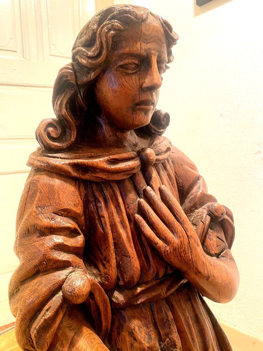 Statue En Chêne : Saint Jean De Grande Taille, 17ème, En Chêne Sculpté Blond Debout En Bon état-photo-3