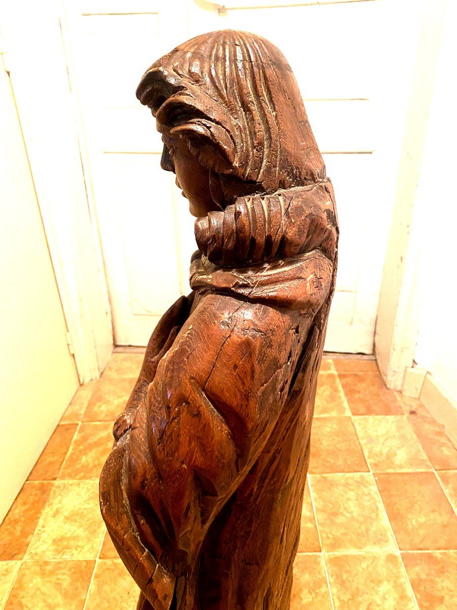 Statue En Chêne : Saint Jean De Grande Taille, 17ème, En Chêne Sculpté Blond Debout En Bon état-photo-4