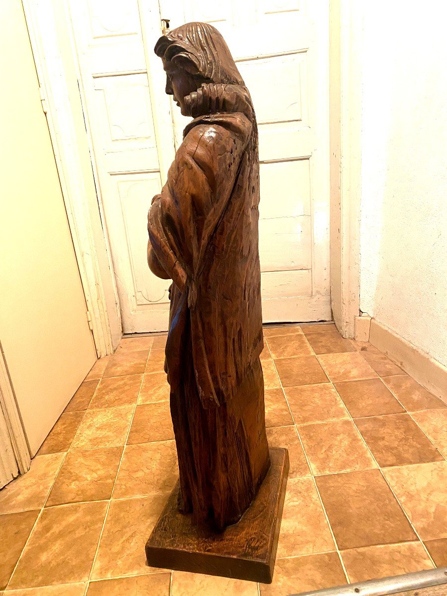 Statue En Chêne : Saint Jean De Grande Taille, 17ème, En Chêne Sculpté Blond Debout En Bon état-photo-1