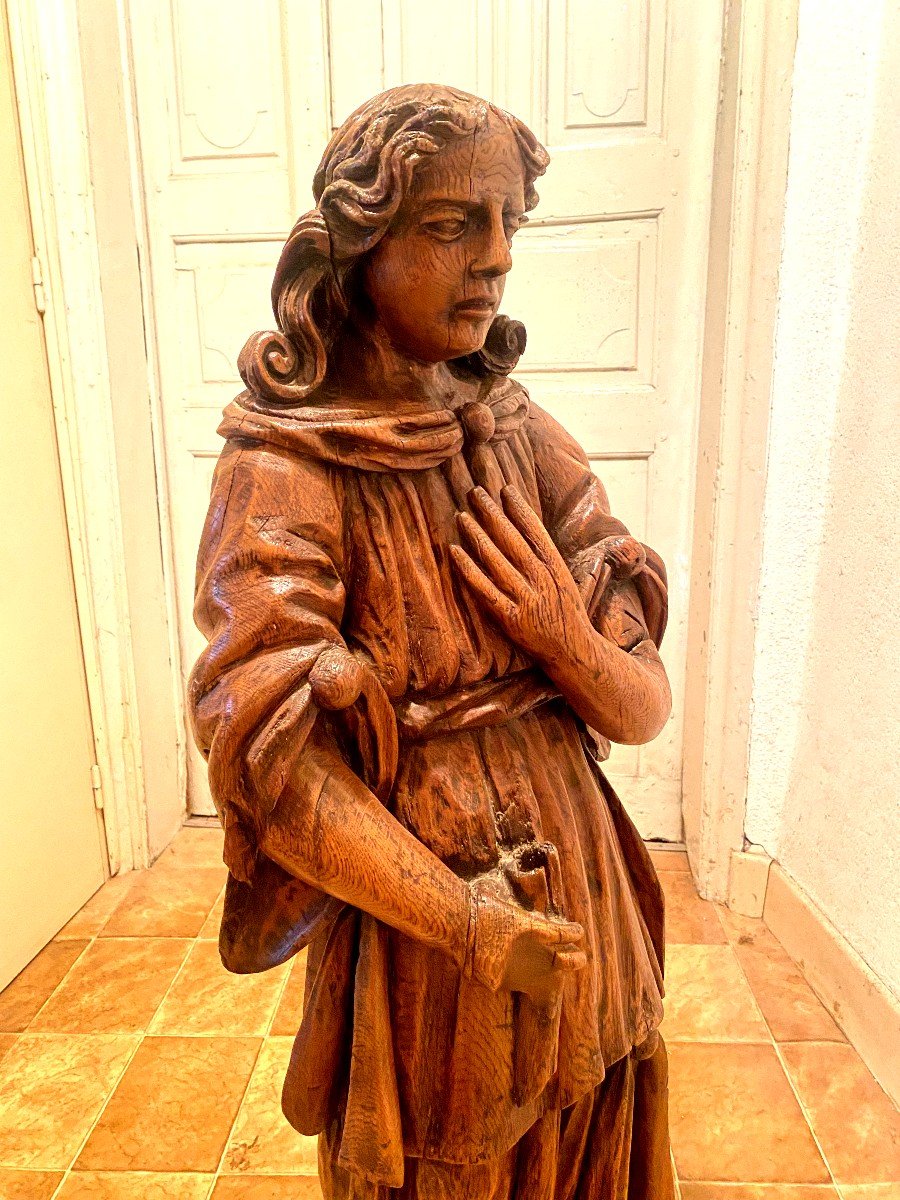 Statue En Chêne : Saint Jean De Grande Taille, 17ème, En Chêne Sculpté Blond Debout En Bon état-photo-2