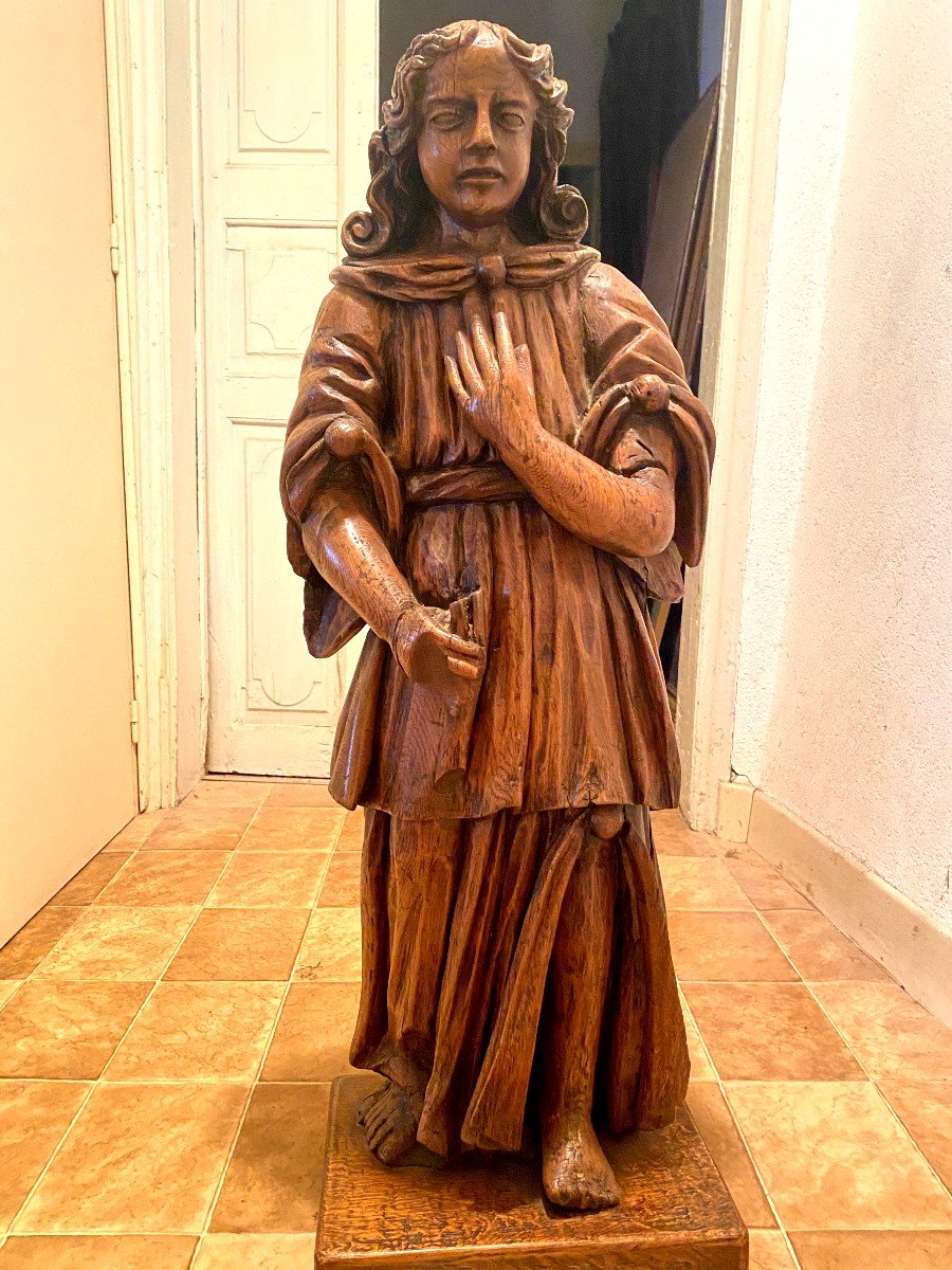 Oak Statue: Large Size Saint John, 17th, In Blond Carved Oak Standing In Good Condition-photo-4