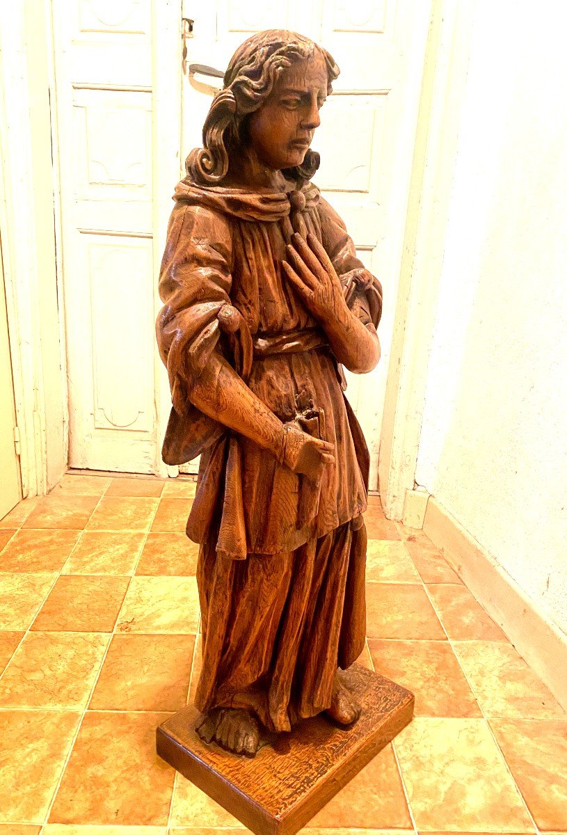 Oak Statue: Large Size Saint John, 17th, In Blond Carved Oak Standing In Good Condition-photo-5