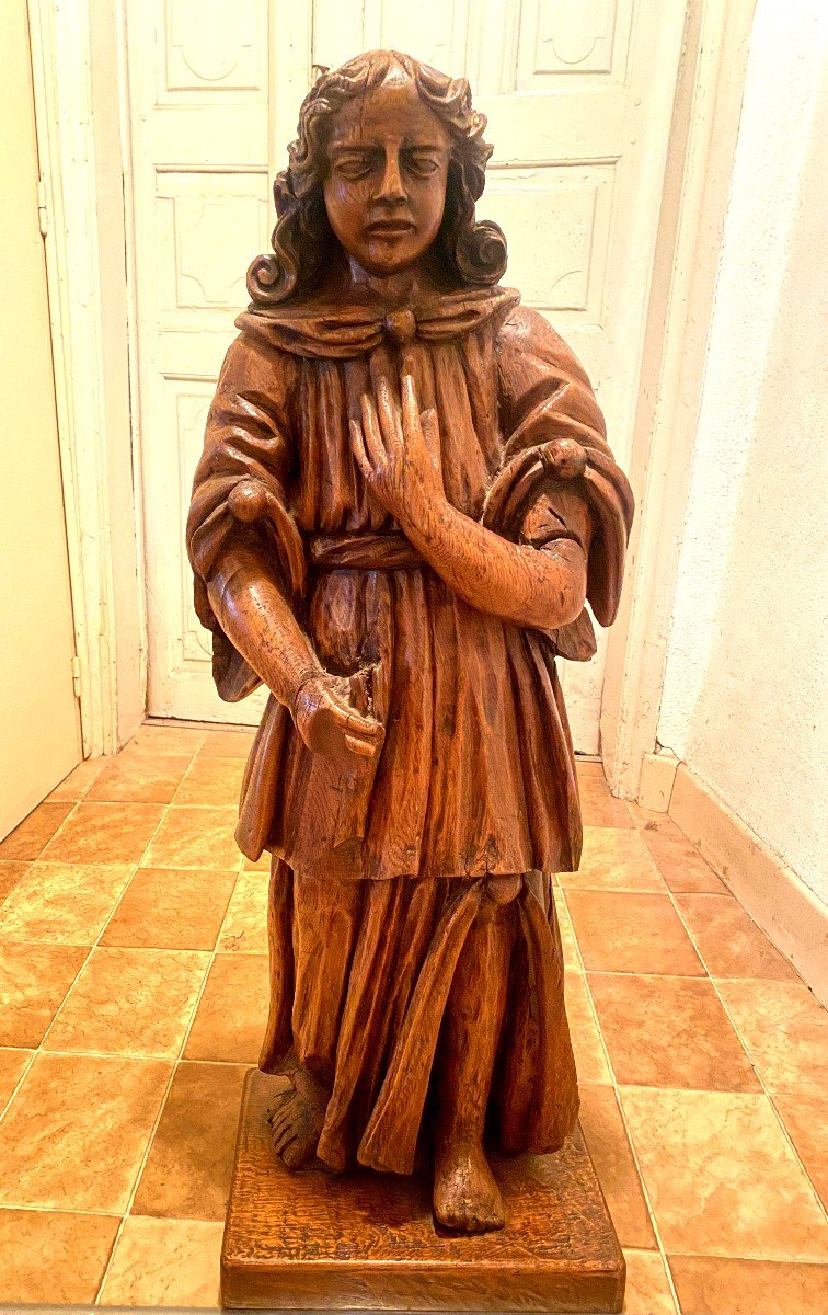 Oak Statue: Large Size Saint John, 17th, In Blond Carved Oak Standing In Good Condition-photo-6