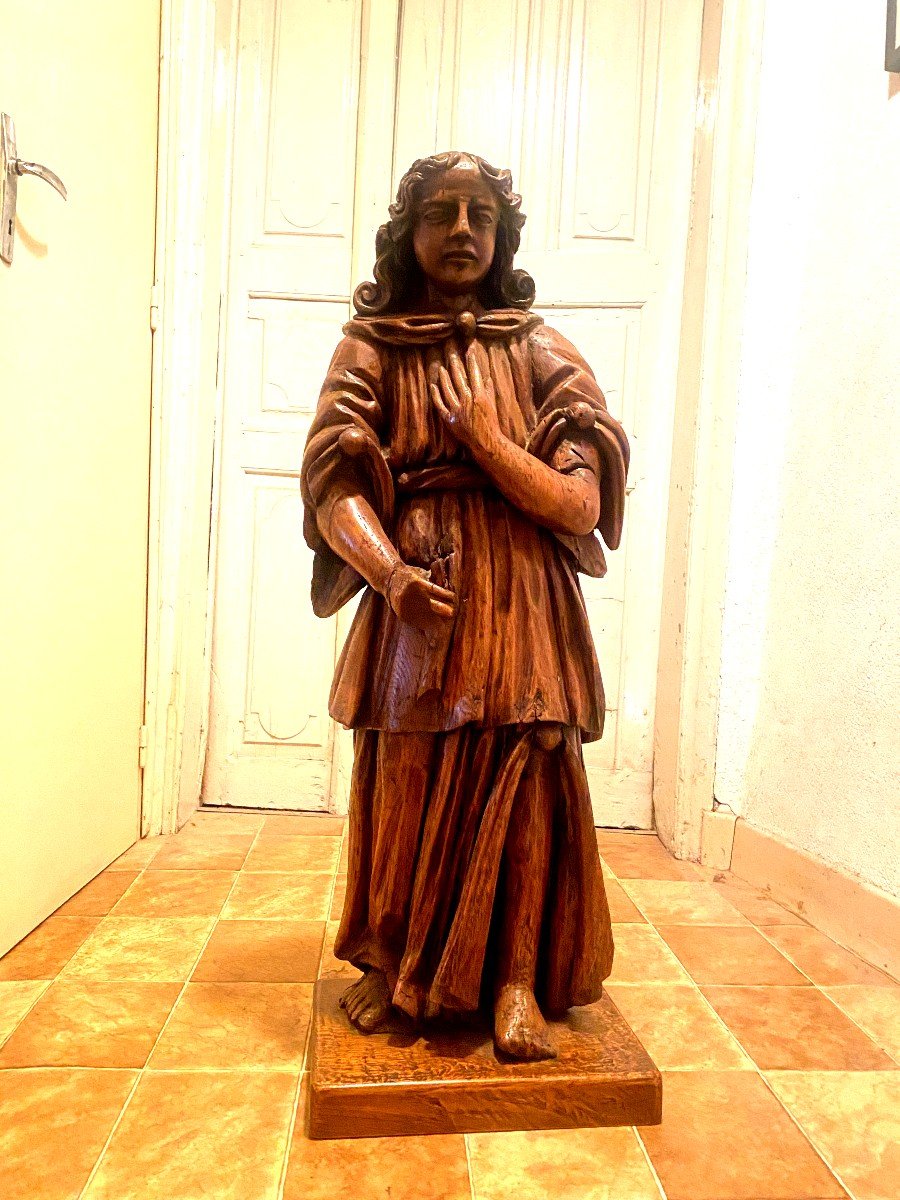Oak Statue: Large Size Saint John, 17th, In Blond Carved Oak Standing In Good Condition