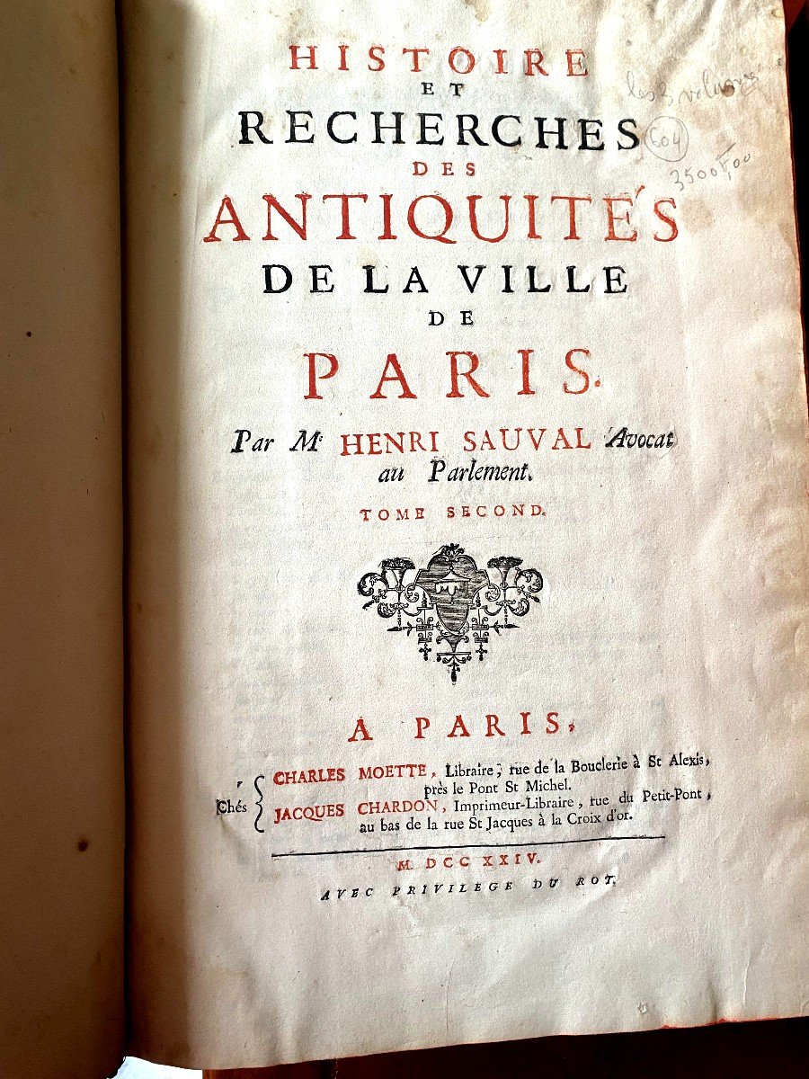 3 Volume In Folio" Histoire Et Recherches Des Antiquités De La Ville De Paris" . H. Sauval 1724-photo-3