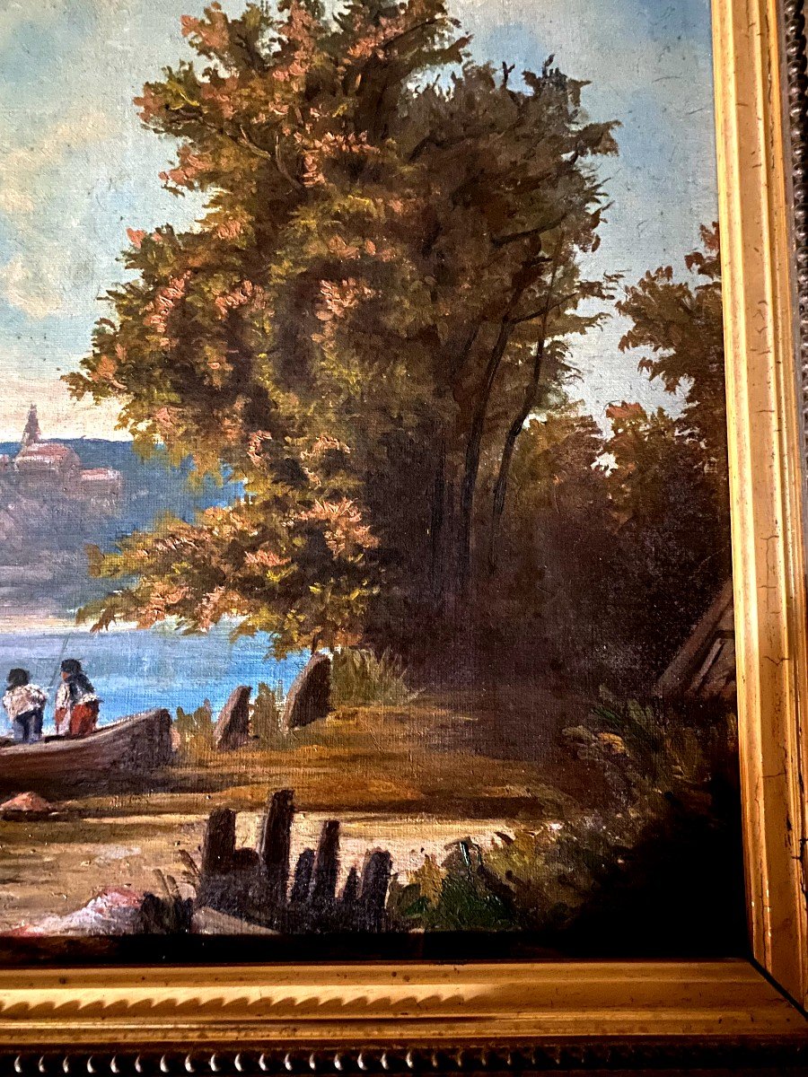Beautiful Large Painting Painted On Canvas In Beautiful Format 12 Landscape Of Fishermen At The River Late 19th-photo-3